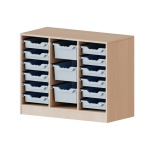 ErgoTray Regal, 3reihig, rechts+links je 6 flache, mittig, 3 hohe Boxen, B/H/T 104,5x82x50cm 